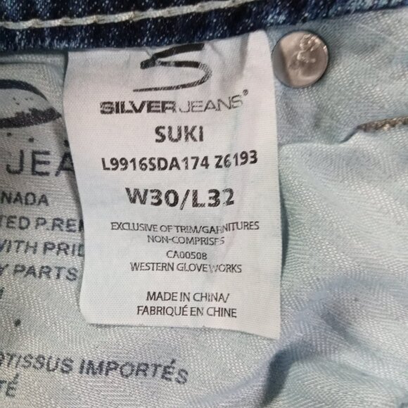 Silver Jeans Women's 32x31.5, Tag 30x32 Suki Bootcut Blue Stretch Distressed - Picture 14 of 15